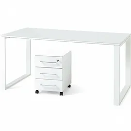 KADIMA DESIGN Schreibtisch Set 2-teilig mit Rollcontainer Weiß 160x80 cm Tisch & Container Glasplatte Soft-Close Abschließbar Serie MUENCHEN Kadima Design