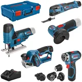 Bosch 12V Akku Combo Kit: GSR 12V-15 + GWS 12V-76 + GHO 12V-20 + GST 12V-70 + GOP 12V-28
