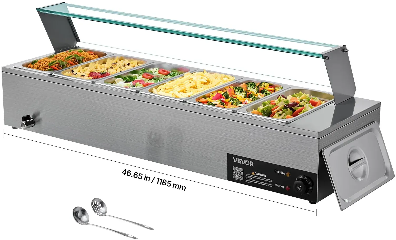 VEVOR kommerzieller Speisenwärmer (6 x 1/3 Größe Behälter), 1,5 kW elektrischer Wärmebehälter aus Edelstahl mit Glasabdeckung & Suppenkelle, Chafing Dishes für Catering Restaurant Party
