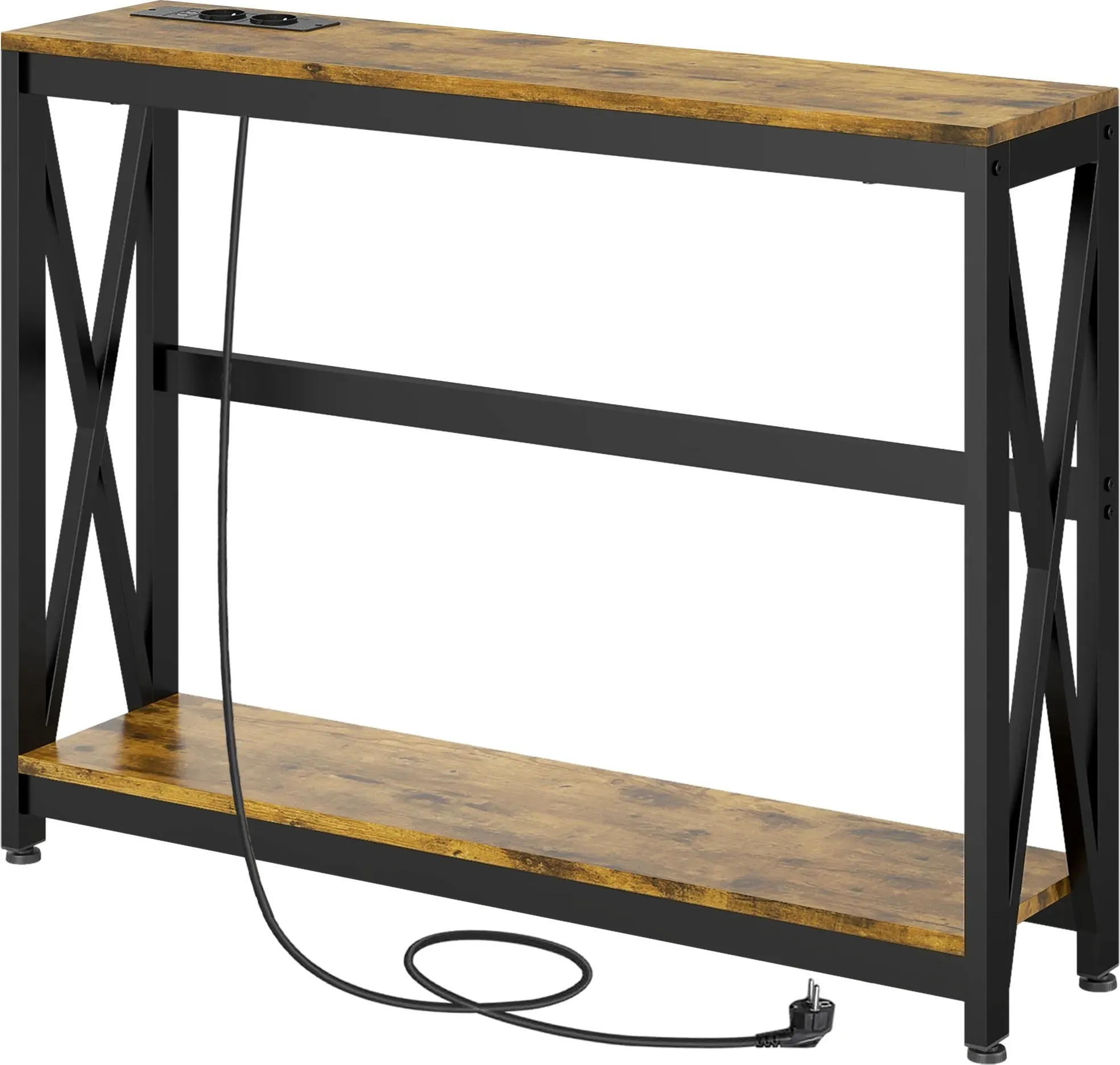HOMCOM Konsolentisch mit Mehrfachsteckdose, Sofatisch mit 2 Regalen, schmale Eingangskonsole für Wohnzimmer, Schlafzimmer, Flur, 100 x 24 x 75 cm, industrieller Stil, rustikal braun und schwarz   Aosom