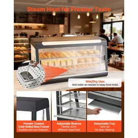 Vevor 3-stöckige Wärmetheke 180 L, Warmhaltevitrine 1600 W, Warmhaltetheke 30–85 °C, Speisenwärmer mit LED-Beleuchtung & Verstellbaren Ablagen, Speisevitrine für Hamburger Pizza Brot Brathähnchen