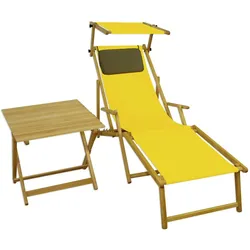 Erst-Holz Liegestuhl gelb Fußteil Sonnendach Kissen Tisch Gartenliege Holz Sonnenliege Buche 10-302NFSTKD
