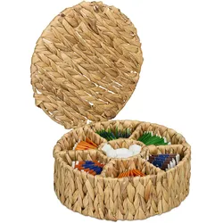Relaxdays Teebox, 7 Fächer, 80 Teebeutel, geflochtener Tee-Organizer, rund, HxD: 11,5 x 28 cm, Wasserhyazinthe, natur