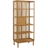 Mendler Bambus Standregal HWC-N81, Badezimmerschrank Badschrank Badregal Kommode, 5 Regalböden Schiebetür FSC® 186x80x45cm