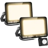 Willpower 2pcs 30W 3000LM LED Strahler Außen mit Bewegungsmelder LED Scheinwerfer 4000K Warmweiß IP66 Wasserdicht LED Außenstrahler Fluter Flutlicht für Garage Flur Garten Innenhöfe Hotel Sportplatz