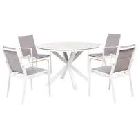 BELIANI Gartenmöbel Set 5-teilig Weiß u. Taupe Aluminium Tisch ⌀ 120 cm Rund Keramikplatte mit 4 Stühlen Bespannt Grau Stapelbar Terrasse Auß... - Weiß/Grau/Beige/Hellbraun