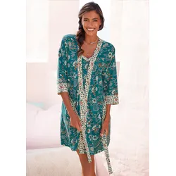 Kimono LASCANA, Damen, Gr. 32/34, bunt (rauchblau, ecru), Jersey, gemustert, Kurzform, Hausmäntel, mit Blumen Allover-Druck