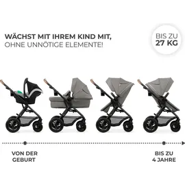 Kinderkraft MOOV2 AIR Kinderwagen 3 in 1 Kinderwagenset bis 26 kg mit Kindersitz I-SIZE 40-75 cm, Buggy Funktion, Liegeposition verstellbar, Große ausziehbare Verdeck, Aufblasbare Räder, Hellgrau