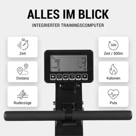 Gorilla Sports GORILLA SPORTS® Wasserrudergerät - mit LCD-Display, Wasserwiderstand, kugelgelagerter Sitz, Transportrollen, bis 150 kg belastbar,