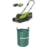 Greenworks 24V Kabelloser Akku Rasenmäher mit bürstenlosem Motor, 33 cm Schnittbreite, 30-Liter-Sack Plus 24V Akku & Ladegerät-GD24LM33K2 + Greenworks Tools 120l Gartenabfallsack