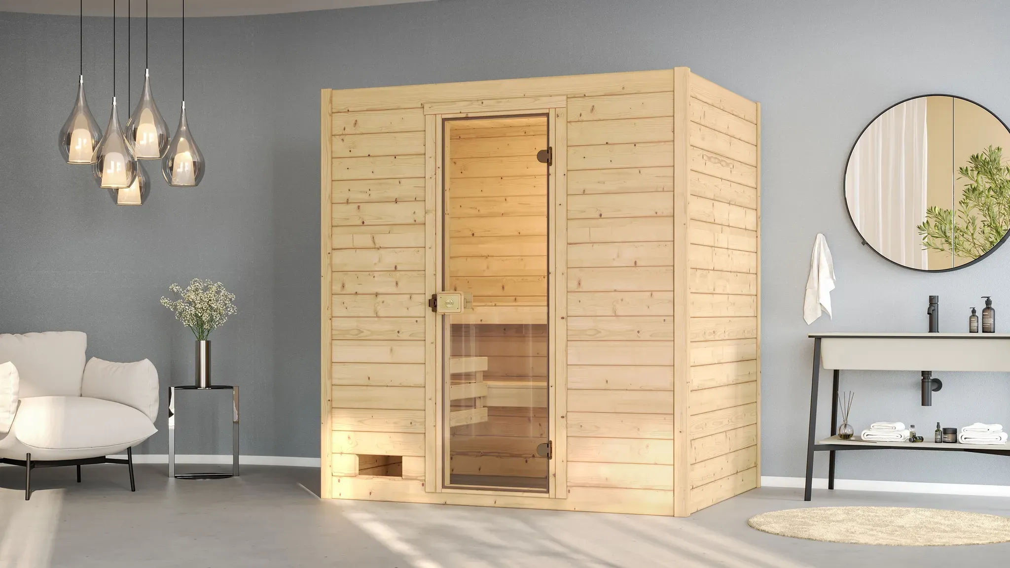 Sauna WEKA "Massivholzsauna VALIDA 2", beige (natur), Saunaofen, integrierte Steuerung, 5,4 kW, Saunen, Blockbohlen, moderne Ganzglastür