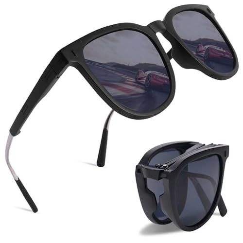 Aomig Faltbare Sonnenbrille, Folding Retro Sportbrille für Herren Damen, Rahme Ultra Leicht Brille mit UV 400 Schutz, Unisex Mode Sunglasses zum Golf Fahrrad Reise Outdoor Sport (Grau)