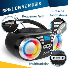 Klim Boombox B3 Tragbarer CD Player + FM Radio, CD, MP3, Bluetooth, AUX, USB, RGB LED + Kabel- & kabelloser Betrieb mit wiederaufladbaren Akku + Verbesserte CD-Laserlinse + Digitaler EQ + Version