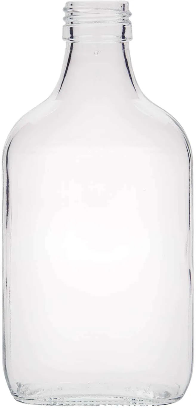 Botella de bolsillo de 200 ml, rectangular, vidrio, boca: PP 28