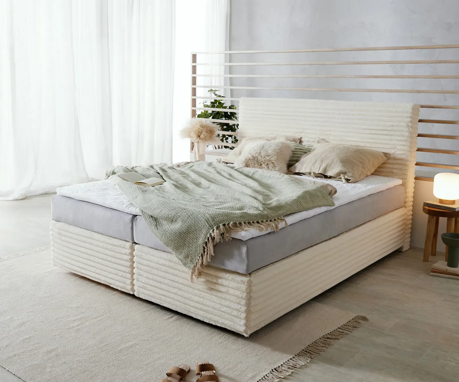 DELIFE Lit-à-sommier-tapissier Dream-Well  Velours côtelé en peluche beige 160x200 cm Matelas TFK Visco-Surmatelas, Lits à sommier tapissier