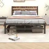 VERFARM Modern Metallbett Bettrahmen, Metall Bett Bettrahmen mit Holz Kopfteil, Bettgestelle mit Lattenrost für Schlafzimmer Gästezimmer, Einfache Montage, 120 x 200 cm, Schwarz-Braun