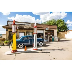 Fototapete PAPERMOON "ROUTE 66-OLDTIMER VINTAGE TANKSTELLE RETRO CARS AUTOS", bunt, B:3,50m L:2,60m, Vlies, Tapeten