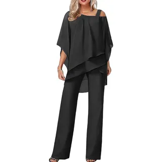 Damen Hosenanzüge Elegant Hochzeit Gäste Hosenanzug 2-teiliges Chiffon Formelles Outfit Übergröße Abschlussball Abend Zweiteiliger Hosenanzug Mutter der Braut Hosenanzug, #02 Schwarz, XXL - XXL