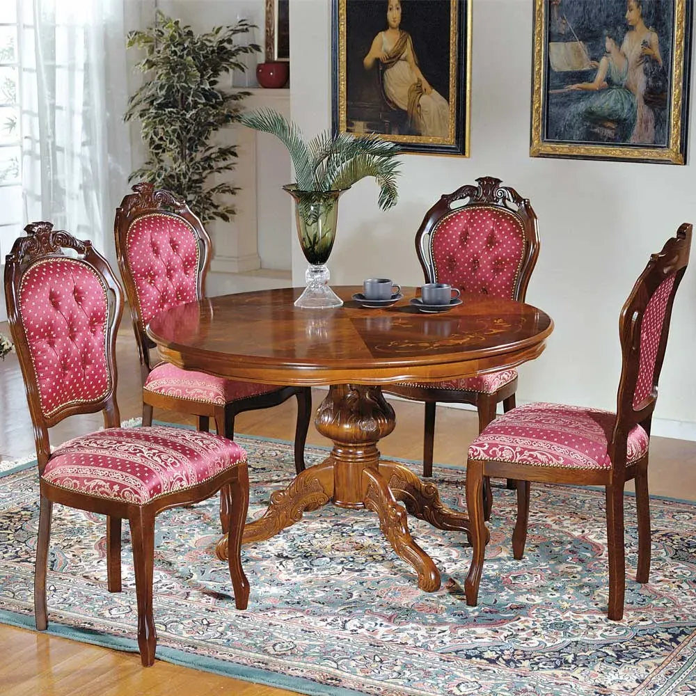 Runder Tisch und 4 Stühle im Barock Design Rot und Nussbaum (fünfteilig)