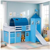 Homestyle4u Hochbett 90 x 200 cm Kiefer massiv lackiert blau-weiß