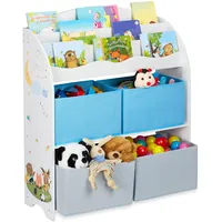 Relaxdays Kinderregal, 4 Boxen, Lagerfeuer Motiv, Spielzeug Aufbewahrung, Kinderzimmer Regal HBT 98 x 82,5 x 30 cm, bunt,