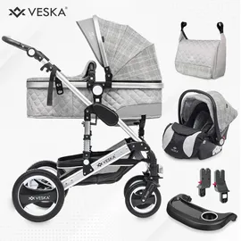 veska VESKA® 3 in 1 Kombi-Kinderwagen Buggy, Reisebuggy inkl. Babyschale, Jogger Faltbar - Silber - grau/kariert