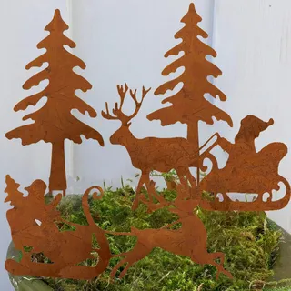 4 Stück Weihnachtsdeko Outdoor Weihnachten Rost Deko Gartendeko Weihnachten Gartenstecker, Adventskranz Deko Draußen Weihnachtsmann Fährt Rentier Weihnachtsdeko, Metall Roststecker Bauernhof Frühling