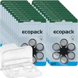 120x ecopack Hörgerätebatterien 675 (Blau), 20x6er Blister PR44 1,4V + Aufbewahrungsbox für 2 Hörgerätebatterien (alle Größen), transparente Batteriebox für Zwei Knopfzellen bis 12 mm x 6 mm (Ø x H)