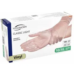 Hygonorm® Vinylhandschuhe Classic Light, gepudert, transparent, Einweghandschuh ist nur für Kontakt mit nicht-fettenden Lebensmitteln geeignet, 1 Packung = 100 Stück, Größe XL