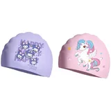 2 Stück Badekappe Mädchen, Badekappe Kinder im Alter von 2–12 Jahren, Cartoon Badehaube aus Silikon, wasserdichte Schwimmhaube, Bequeme Passform für langes und kurzes Haar