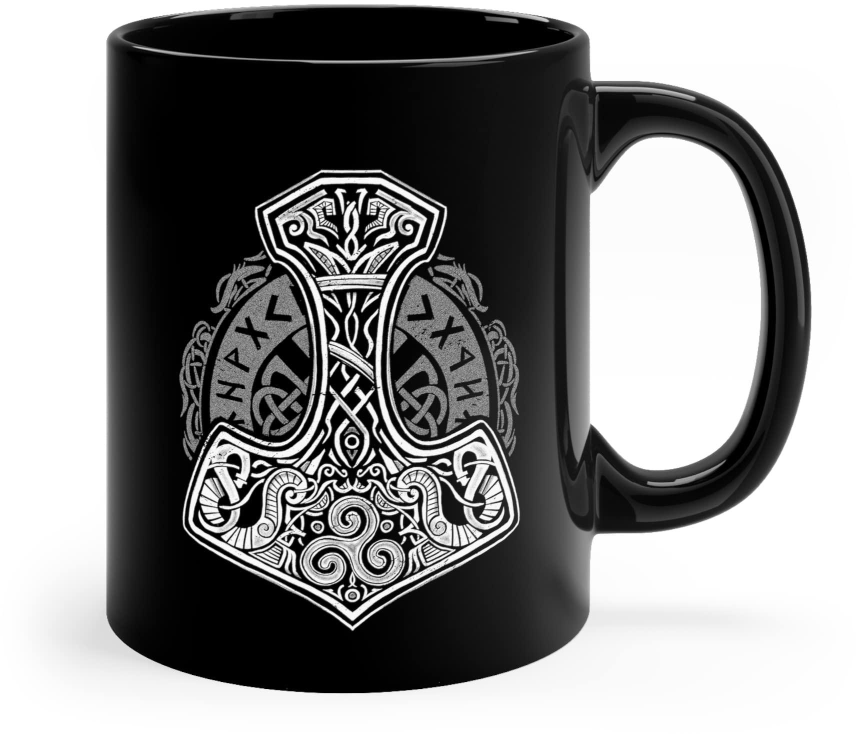 Wikinger Tasse In Schwarz Beidseitig Bedruckt - Thors Hammer Mjolnir Kaffeetasse Mit Nordischen Runen - Viking Dekoration