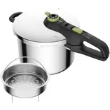 Tefal Secure Trendy Schnellkochtopf 6 L mit Korb 2-Stufen-Garregler: Intensivstufe 117°C, Schonstufe 112°C, Induktions-Kapselboden, für alle Herdarten, Edelstahl/Schwarz/Grün