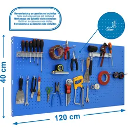 SimonRack Perforierte Metallplatte für Werkzeuge 1200x400 BLAU + 22 Haken + 3 Zubehör