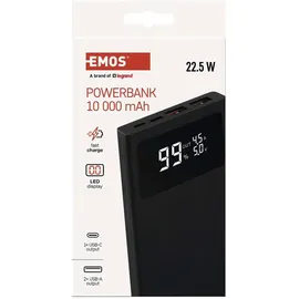 EMOS Powerbank BetaQ 20000mAh, 22,5 W Quick-Charge externer Akku/Ladegerät mit Passthrough und Display, 3X Output + 2X Input, inkl. Datenkabel USB/USB-C, Auto ON/Off, schwarz