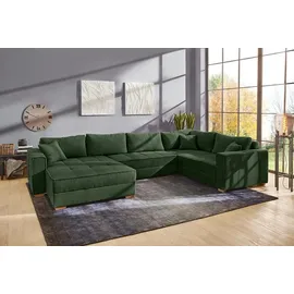 luma-home schönes für dein zuhause Wohnlandschaft U-Form Sofa Schlaffunktion Couch Bettkasten Cord in Grün / 15199 - Grün