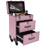 Schminkstation Schminktisch mit 4 Rollen Schminkkoffer Make-up Koffer Trolley Großer Make up Koffer, Abschließbar Multikoffer Friseurkoffer Beauty Case mit Rollen und Schublade, Rosa