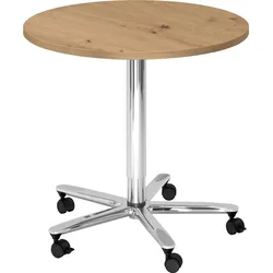 bümö Säulenhubtisch höhenverstellbar, Stehtisch Büro, Bistrotisch rund 80 x 80 cm - Besprechungstisch Asteiche, Stehtisch Holz-Platte, Säule aus