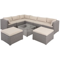 CASARIA® Gartenmöbel Set Polyrattan 8 Personen Wetterfest Tisch 5mm Sicherheitsglas Lounge Outdoor Terrasse Eck Sofa Sitzauflagen, Farbe:creme/creme