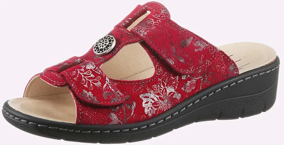 Pantolette BELVIDA, Damen, Gr. 36, rot (rot, bedruckt), Veloursleder, Schuhe Pantolette