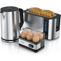 Arendo Frühstücksset, Wasserkocher 1,5 Liter + 6er Eierkocher + Langschlitztoaster für 4 Scheiben, Silber