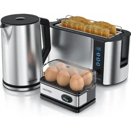 Arendo Frühstücksset, Wasserkocher 1,5 Liter + 6er Eierkocher + Langschlitztoaster für 4 Scheiben, Silber