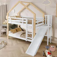Merax Kinderbett Hochbett 90 x 200 cm, Etagenbett mit Leiter udn Rutsche, Hausbett mit Rausfallschutz und Zwei Lattenrost, Stockbett für 2 Kinder, Bettrahmen aus Massivholz, Jugendbett, Weiß+Natur