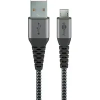 Wentronic Micro-USB-B/USB-A Textilkabel mit Metallsteckern (space grau/silber) 2 m, 2 m, Schwarz-Grau (2 m, USB 2.0), USB Kabel