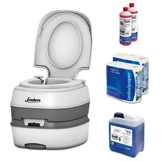 Enders® Campingtoilette Starter Set Blue XL Deluxe, (Spar-Set, inkl. 2L RINSE + 5L BLUE + 8 Rollen selbstauflösendes Toilettenpapier), Kolbenpumpe, farbige Füllstandsanzeige, integrierte Transportrolle