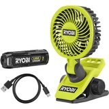 Ryobi 4 V USB-LITHIUM Akku-Clip-Ventilator RCF4-120G 325°C drehbarer und um 180°C schwenkbarer Kopf, inkl. 1 x 2,0 Ah Akku und USB-C Ladekabel