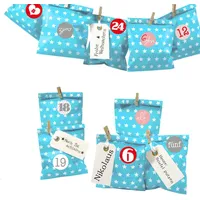 Frau WUNDERVoll® DIY Adventskalender zum Befüllen Bescherung, Papiertueten flach 13x16,5cm, beachblau Stern, Ziffern rosa-rot