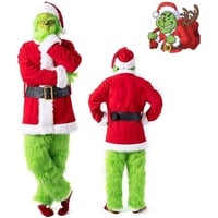 YFMBFV Grinch Kostüm 7 Stück ChristmasGrinch Komplett, Grinch Kostüm Erwachsene, Weihnachtsmann Kostüm Herren, Grinch Kostüm Herren, Grinch Kostüm Damen