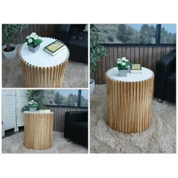 Mendler Beistelltisch HWC-N31, Couchtisch Kaffeetisch Loungetisch Blumentisch Nachttisch Tisch, Tanne Holz Ø51cm natur-weiß