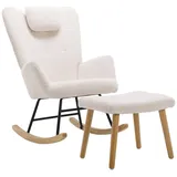 Merax Schaukelstuhl mit Teddyplüsch, Swingsessel mit Holzsockel, Schaukelsessel mit Hocker,Kopfstütze weiß 65 cm x 94 cm x 82 cm