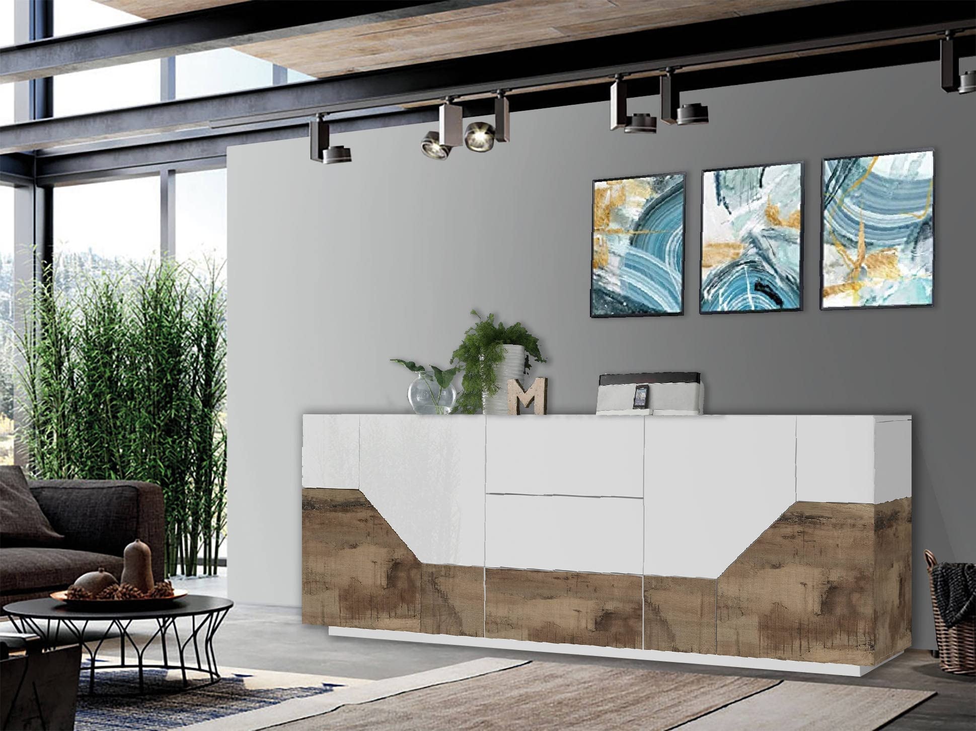 Dmora Modernes Sideboard mit 4 geometrischen Türen und 3 Schubladen, Made in Italy, Küchen-Sideboard, Wohnzimmer-Design-Buffet, cm 220x43h86, glänzend weiß und Ahorn